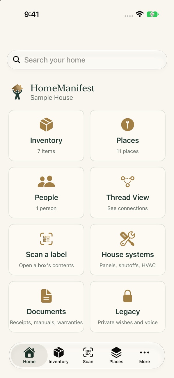 Home screen with search and tiles for Inventory, Places, People, Thread View, Scan a label, House systems, Documents, and Legacy