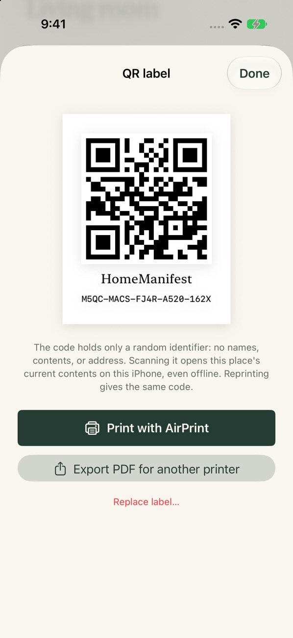 A printable QR label with AirPrint and PDF options