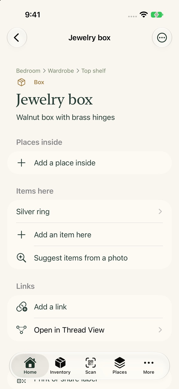 A jewelry box inside a wardrobe, with its contents and a breadcrumb trail
