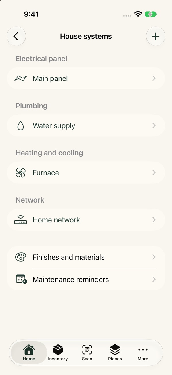 House systems list: main electrical panel, water supply, furnace, home network, finishes, and maintenance reminders