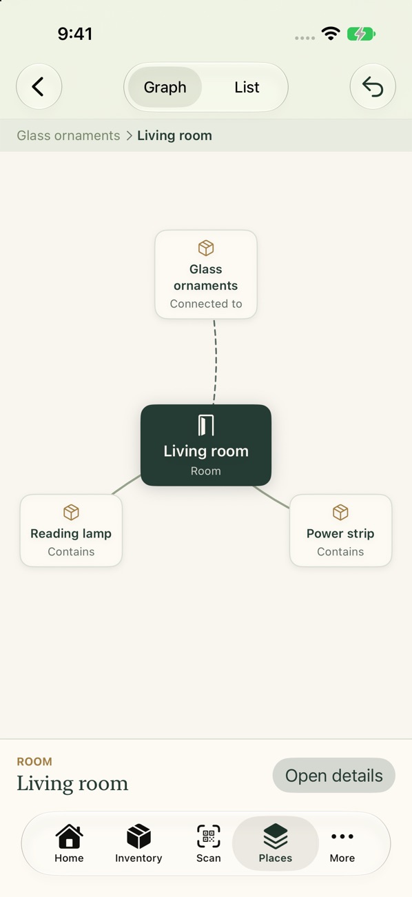 Thread View centred on the living room, connected to glass ornaments, a reading lamp, and a power strip